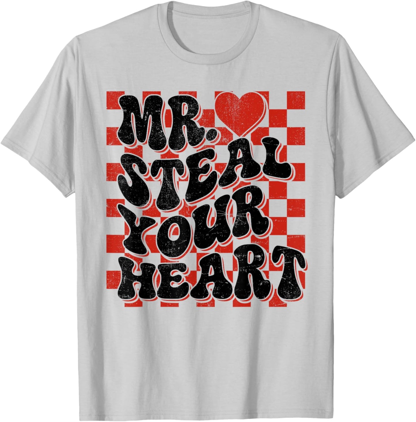 Cute Valentine Boy Mr Steal Your Heart Checkered Heart Kids T-Shirt - T-Shirt | Ash
