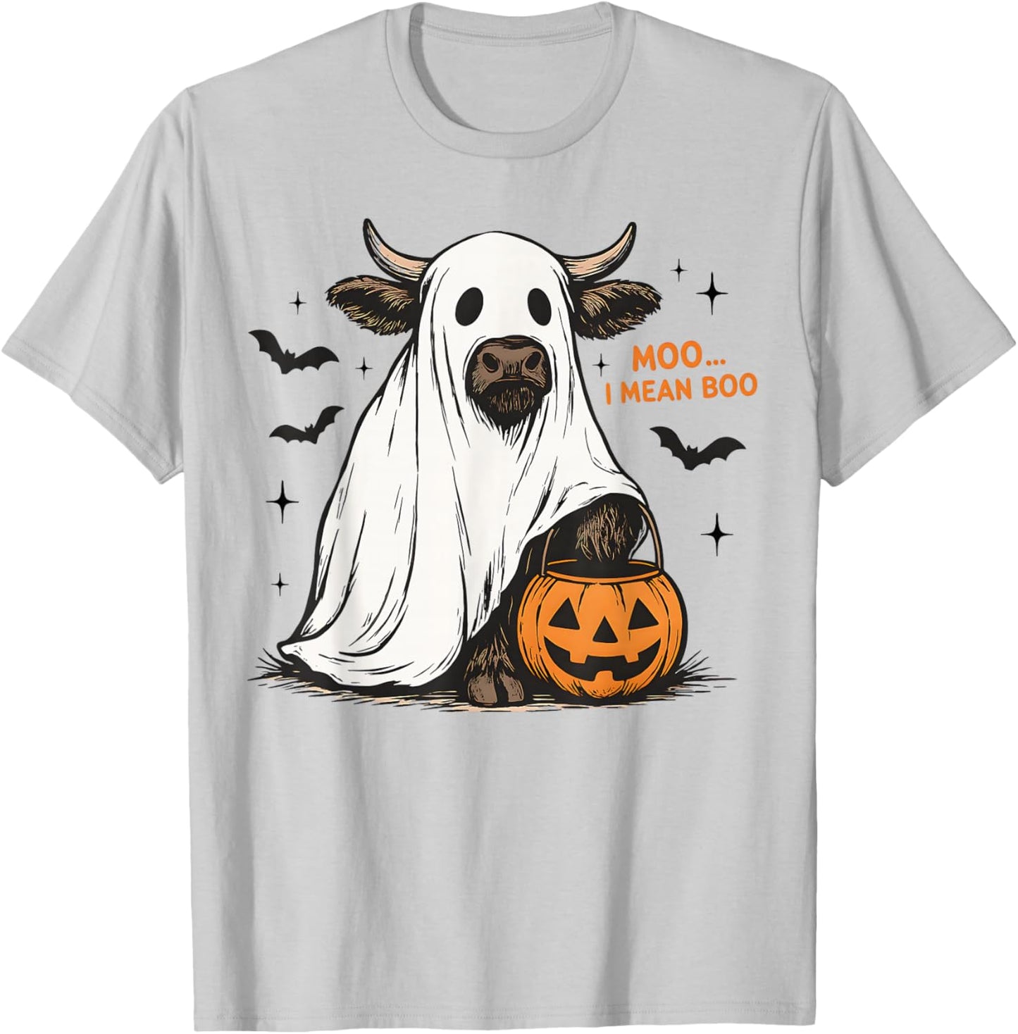 Moo I Mean Boo Funny Highland Cow Ghost Halloween Farmer T-Shirt - T-Shirt | Ash