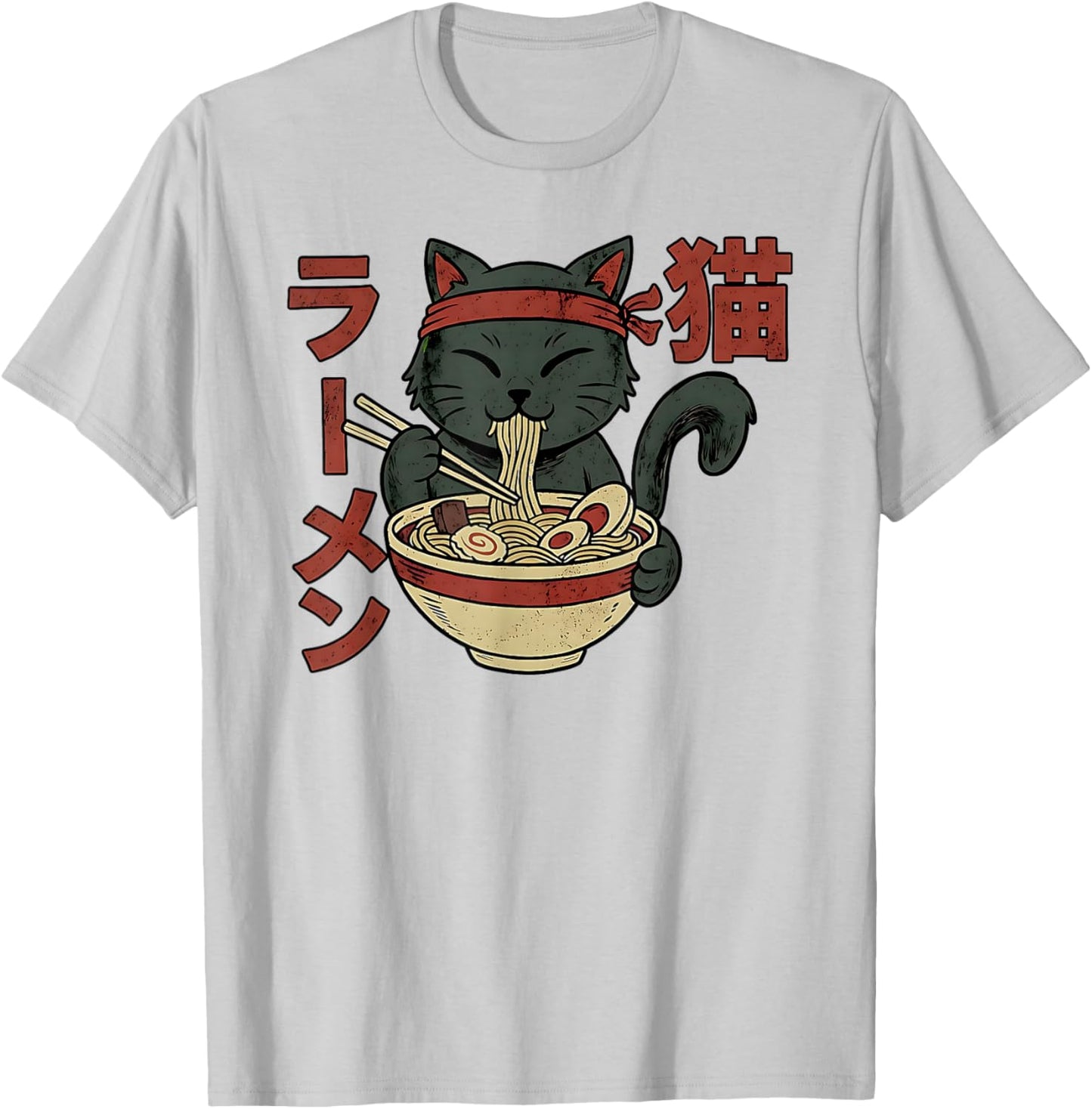 Cat Eating Ramen Retro Japanese Art Kawaii Anime T-Shirt - T-Shirt | Ash