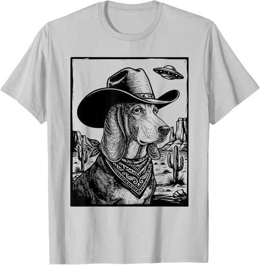 Cowboy Dog Basset Hound UFO Desert Western Sci-Fi Hound T-Shirt - T-Shirt | Ash