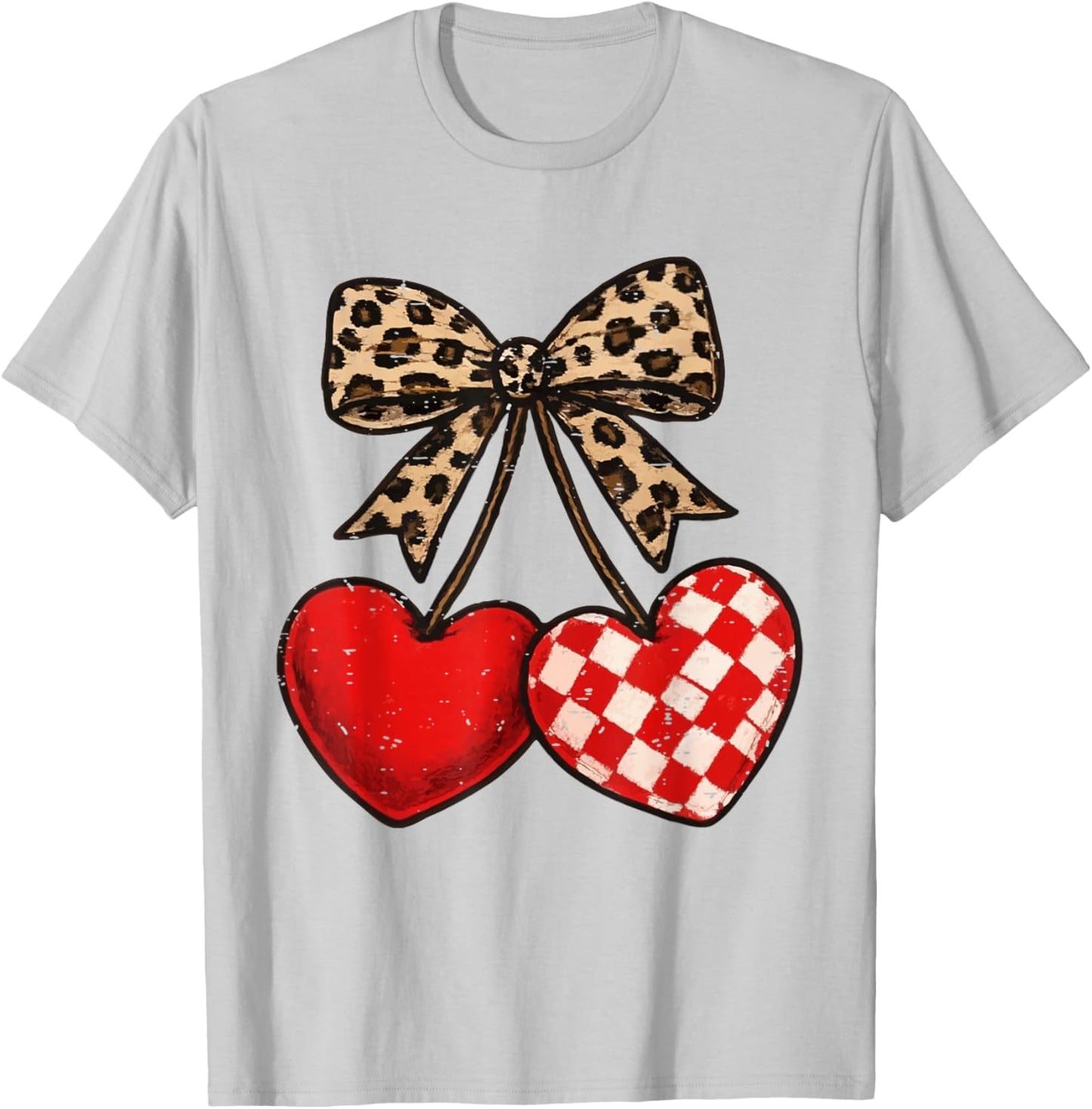Leopard Coquette Bow Cherries Heart Funny Valentine Cherry T-Shirt - T-Shirt | Ash
