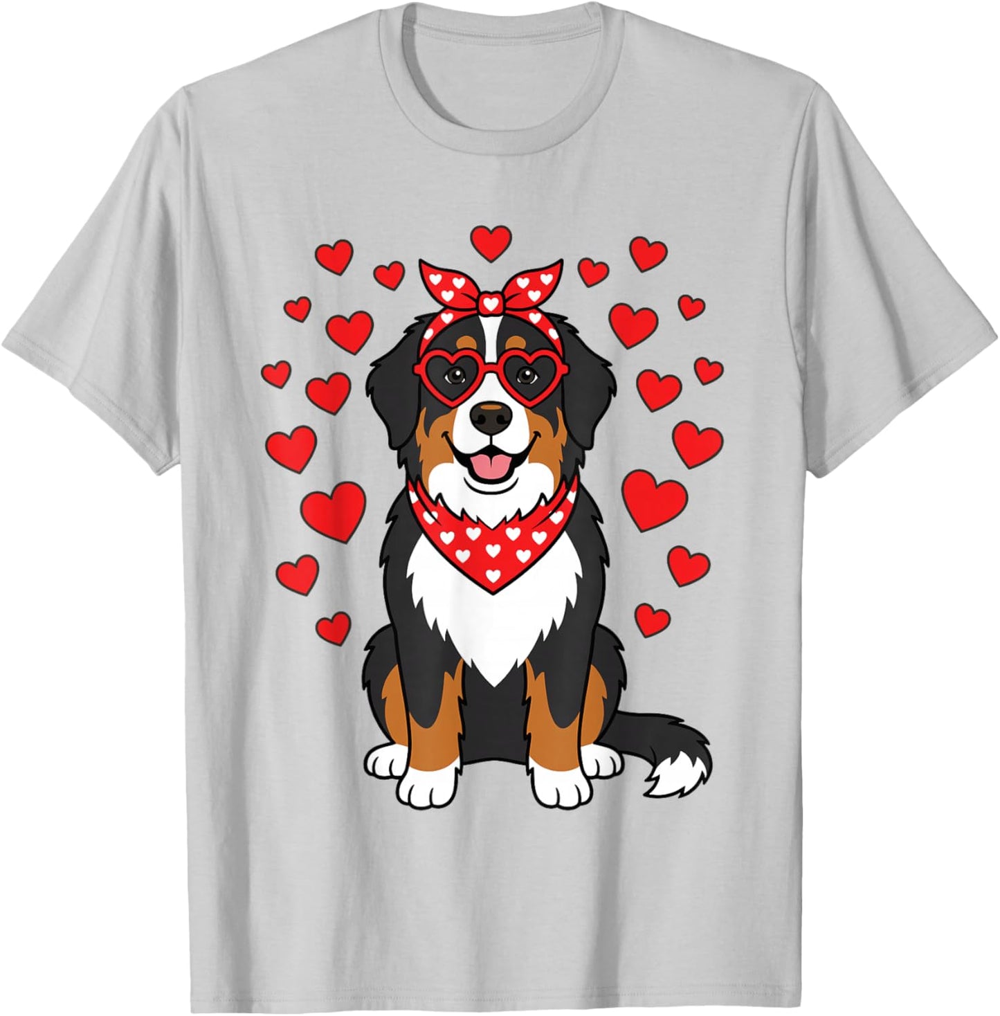 Cute Bernese Mountain Dog Valentine Heart Glasses Bandana T-Shirt - T-Shirt | Ash