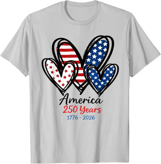 Flag Hearts 1776 2026 July 4th 250th Birthday USA 250 Years T-Shirt - T-Shirt | Ash