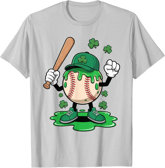Baseball Ice Cream Drip Happy St Patricks Day Shamrocks T-Shirt - T-Shirt | Ash