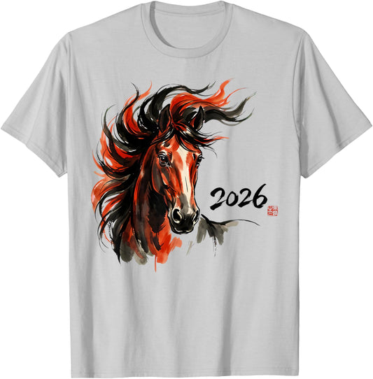 Year of The Horse Chinese New Year 2026 Traditional Art T-Shirt - T-Shirt | Ash