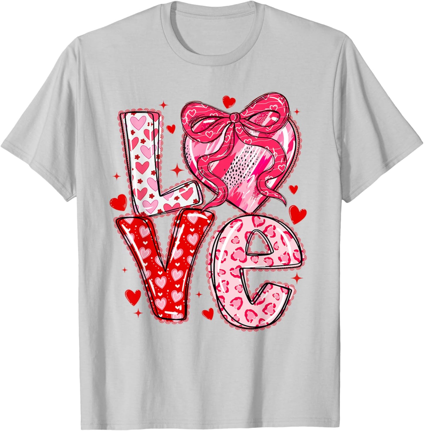 Valentines Day Love Hearts Leopard Coquette Bow Women Girls T-Shirt - T-Shirt | Ash