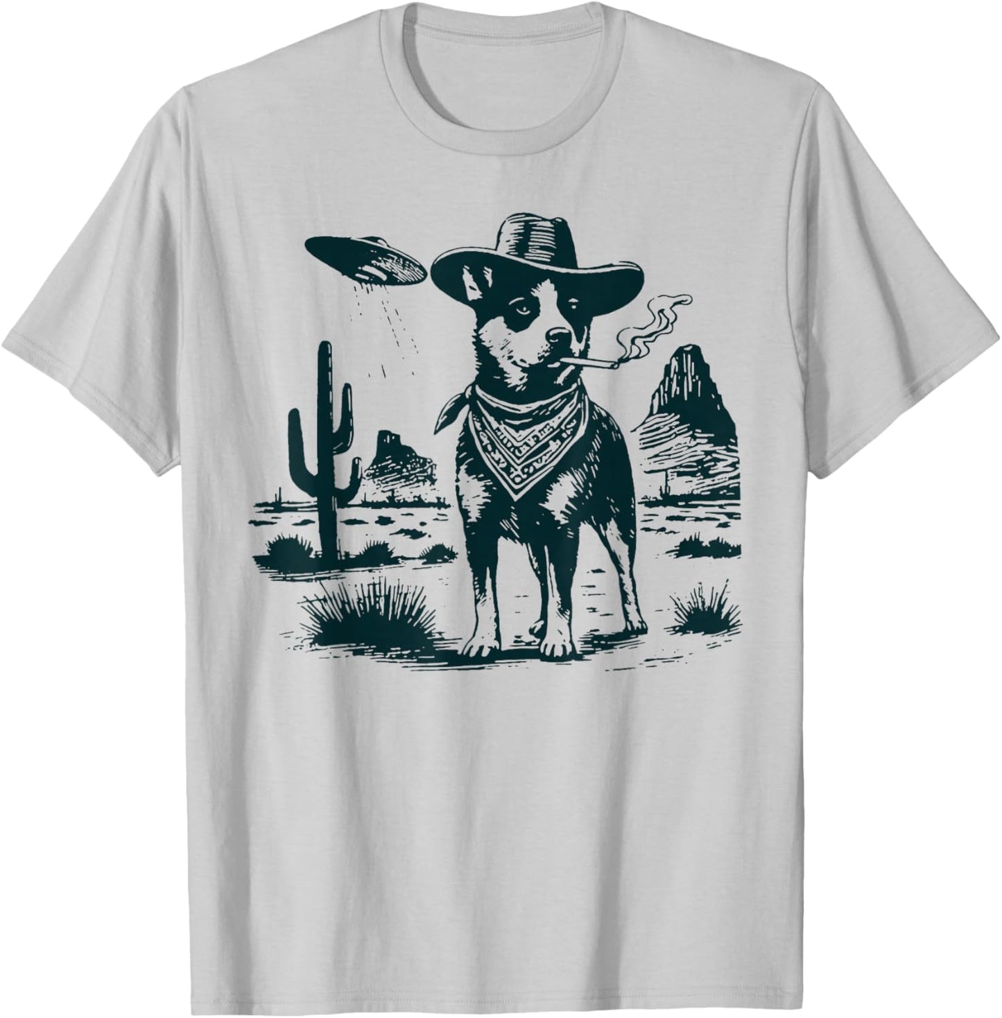 Australian Cattle Dog Smoking with UFO Western Cowboy Dog T-Shirt - T-Shirt | Ash