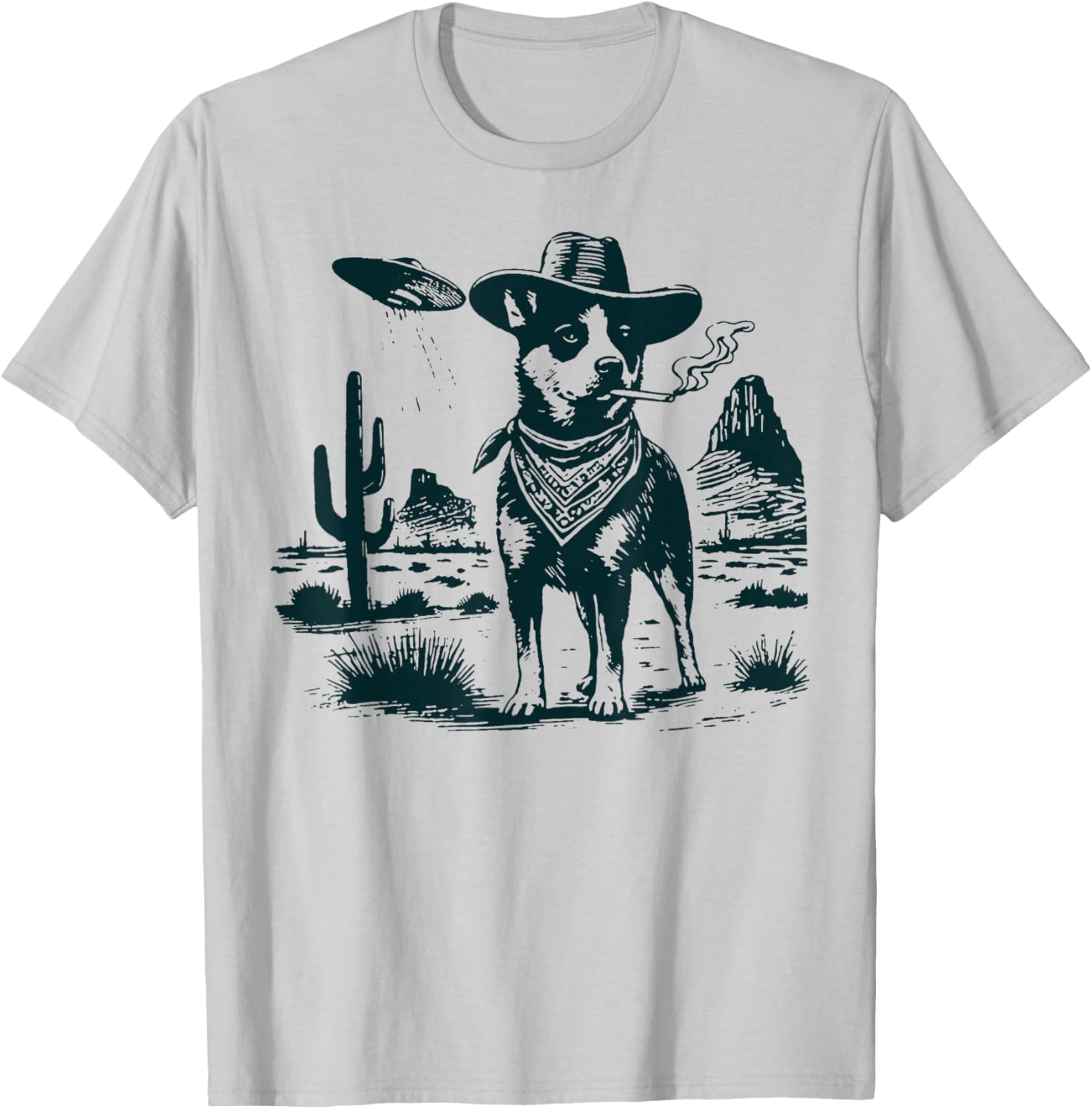Australian Cattle Dog Smoking with UFO Western Cowboy Dog T-Shirt - T-Shirt | Ash
