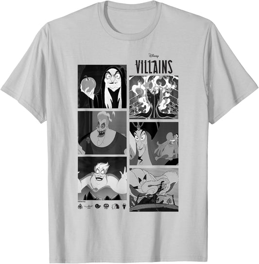 Disney Villains Classic Black & White Artwork T-Shirt - T-Shirt | Ash
