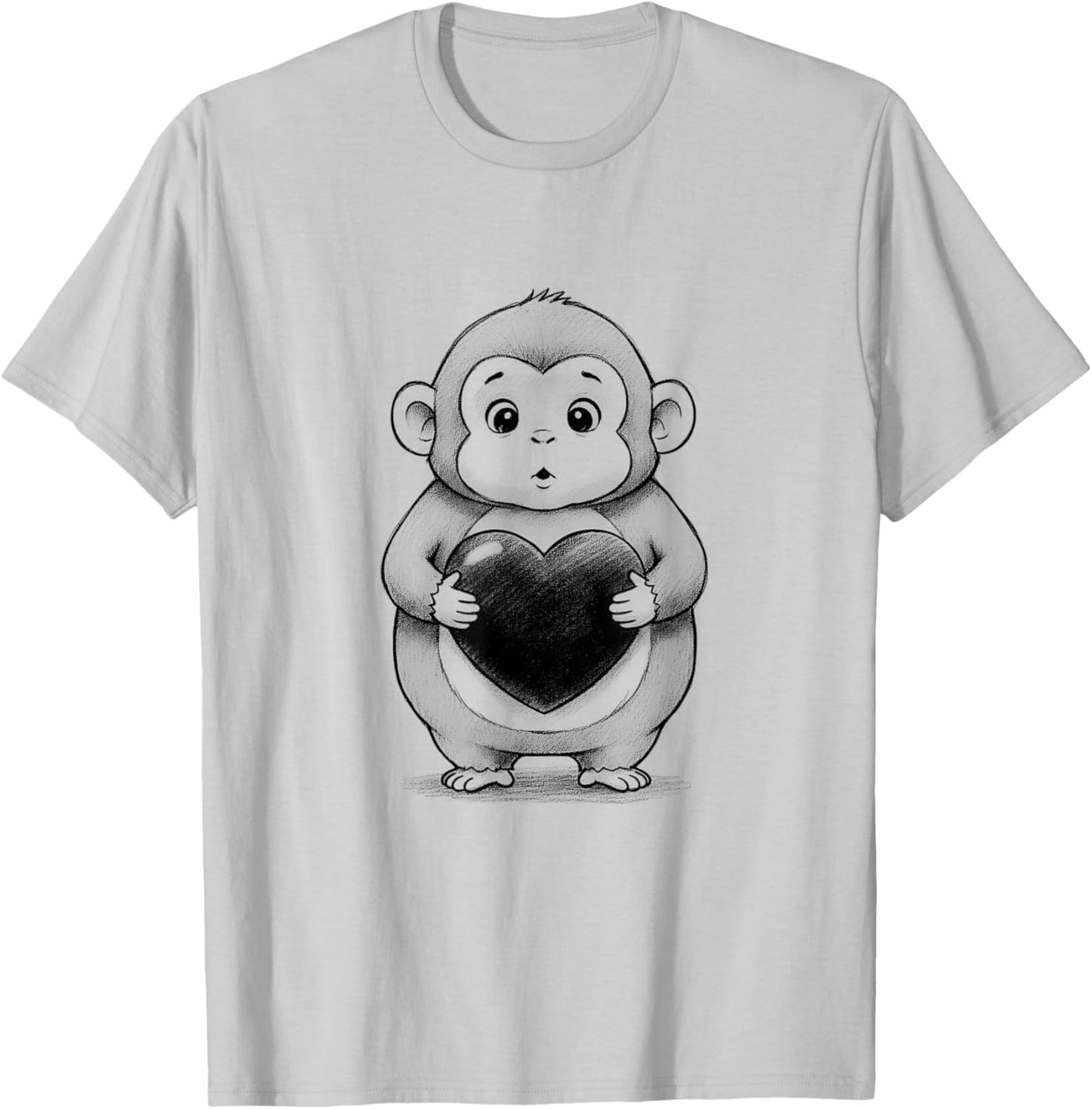 Monkey Chubby Holding a Heart Valentines Day T-Shirt - T-Shirt | Ash