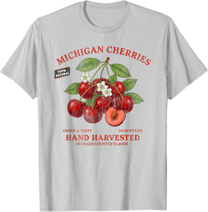 Michigan Cherries Retro Fruit Label State Fruit Distressed T-Shirt - T-Shirt | Ash