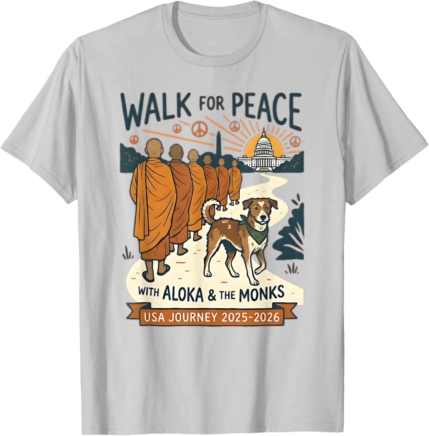 Walk for Peace Monks Dog USA Journey 2025-2026 Vintage Zen T-Shirt - T-Shirt | Ash
