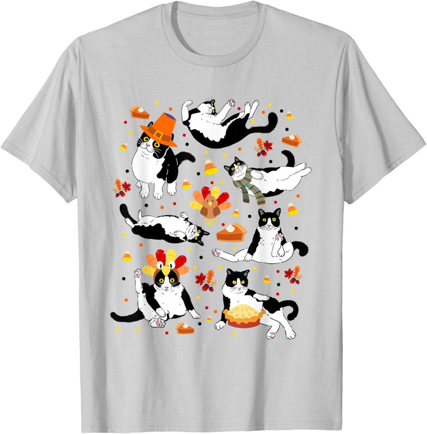 Funny Tuxedo Cat Fall Season Cute Cat Autumn Kids Men Women T-Shirt - T-Shirt | Ash