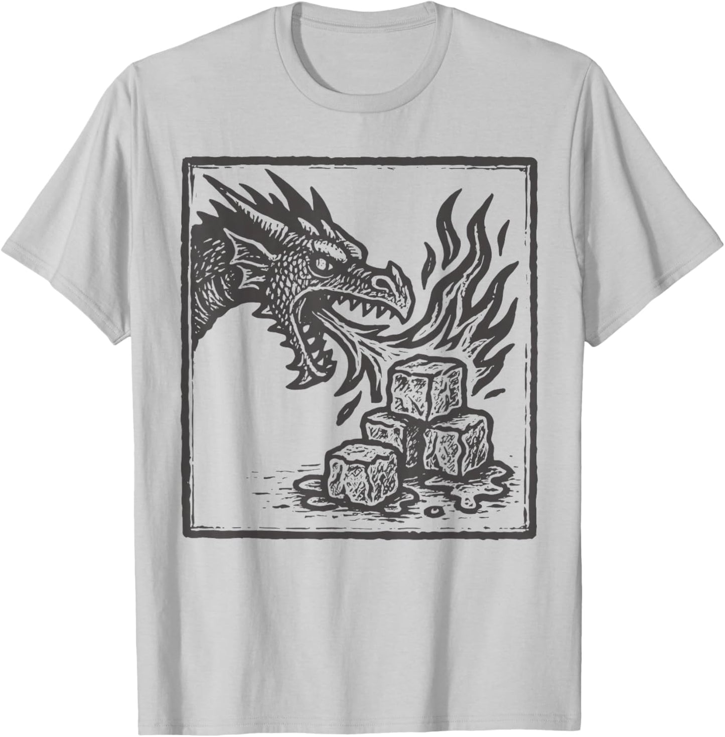 Dragon Breathing Fire on Ice Cubes Fantasy T-Shirt - T-Shirt | Ash