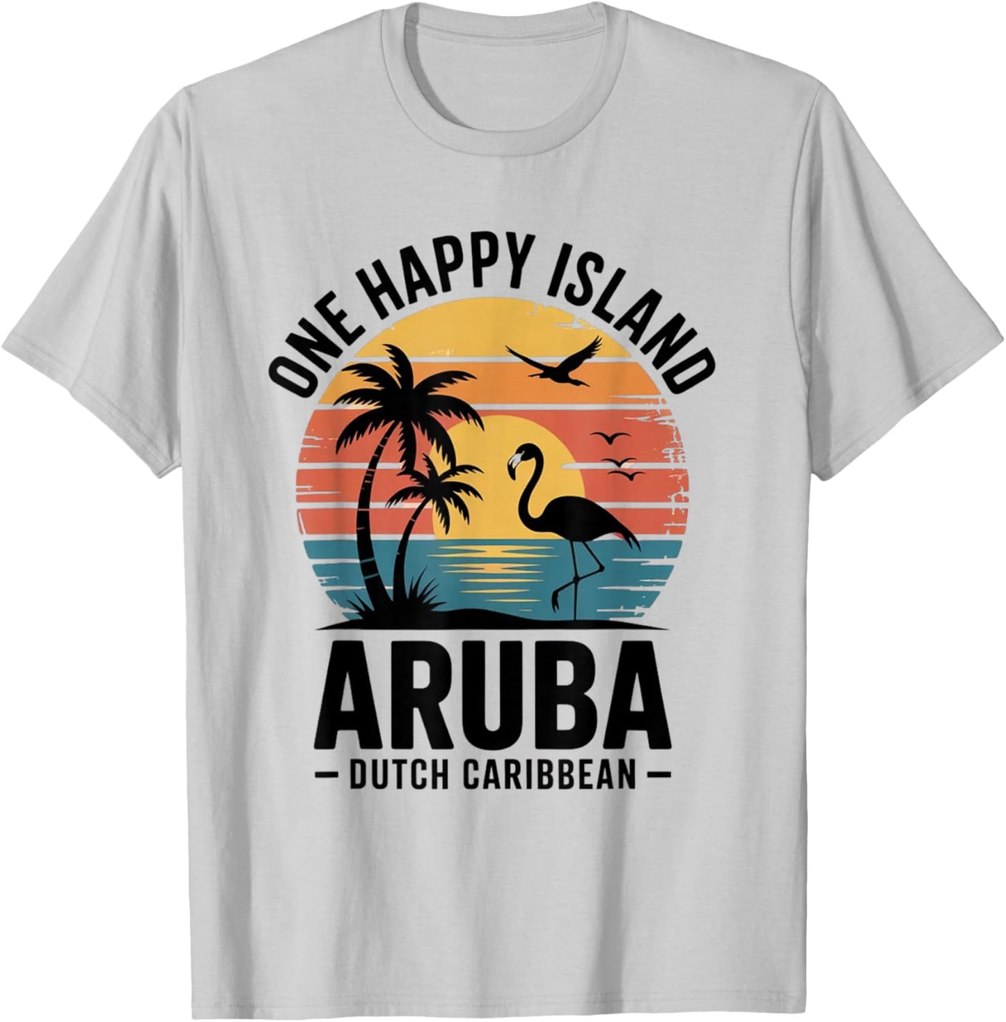 Aruba One Happy Island Flamingo Sunset Retro Vintage Beach T-Shirt - T-Shirt | Ash