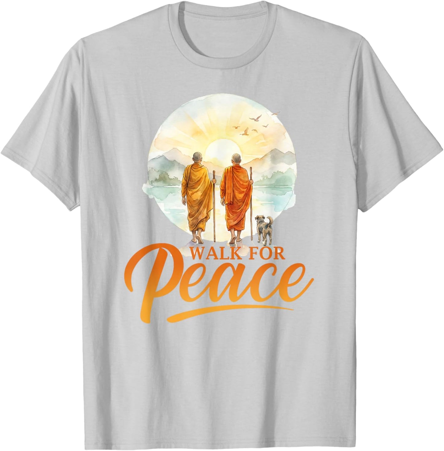 Walk for Peace Monks with Aloka Dog Minimalist Zen Art T-Shirt - T-Shirt | Ash