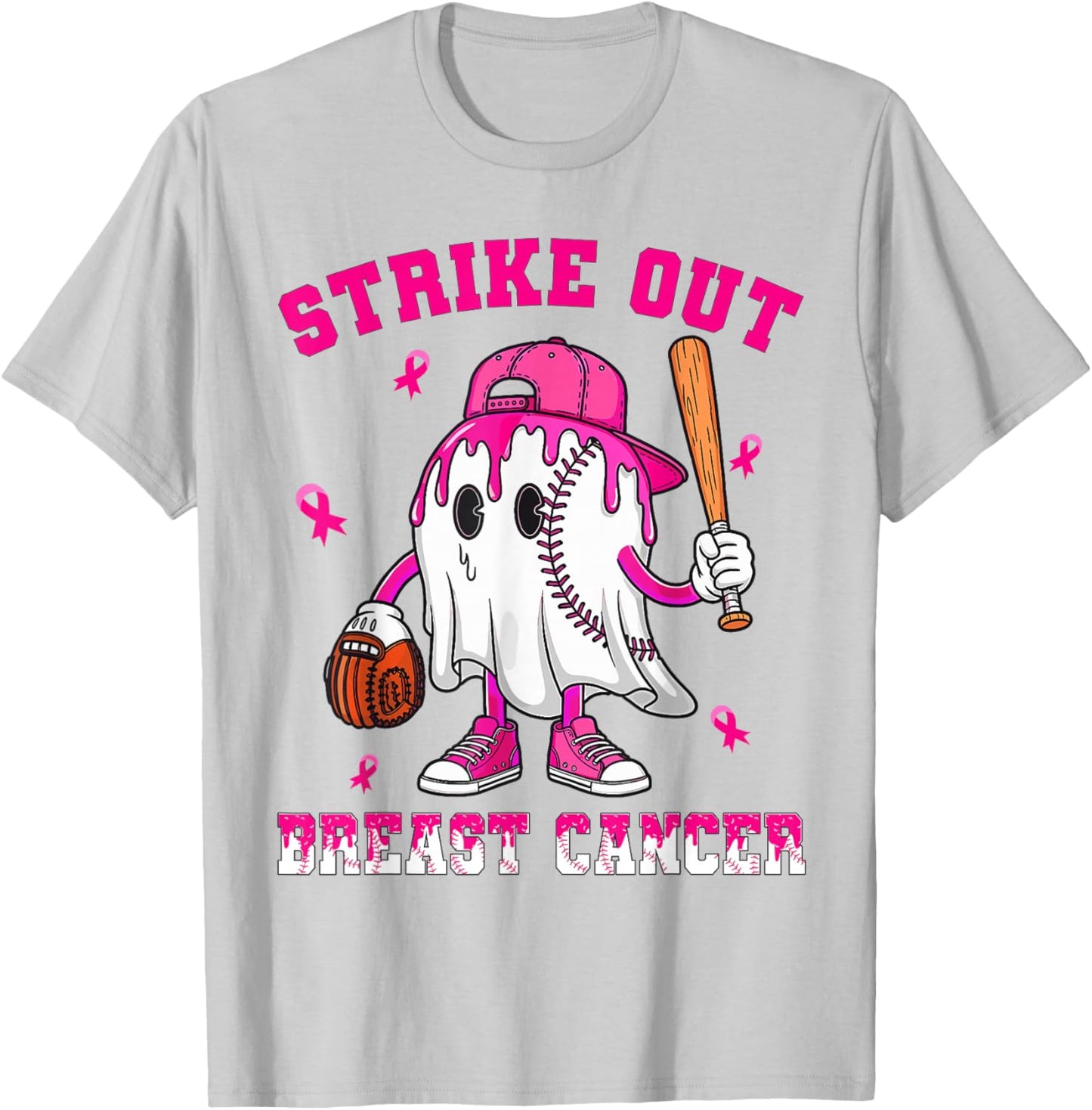 Strike Out Breast Cancer Shirt Boy Baseball Drip Pink Ribbon T-Shirt - T-Shirt | Ash