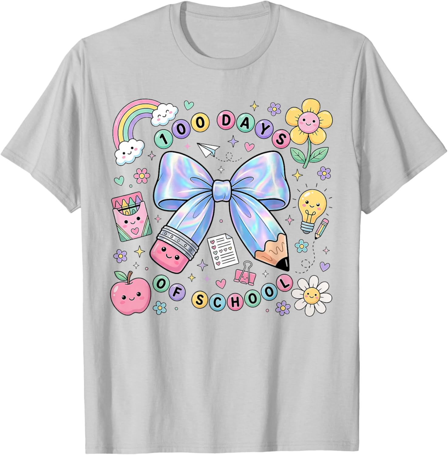 100 Days of School Coquette Pencil Bow Ribbon Floral Girl T-Shirt - T-Shirt | Ash
