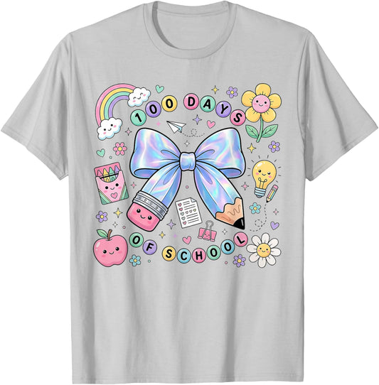 100 Days of School Coquette Pencil Bow Ribbon Floral Girl T-Shirt - T-Shirt | Ash