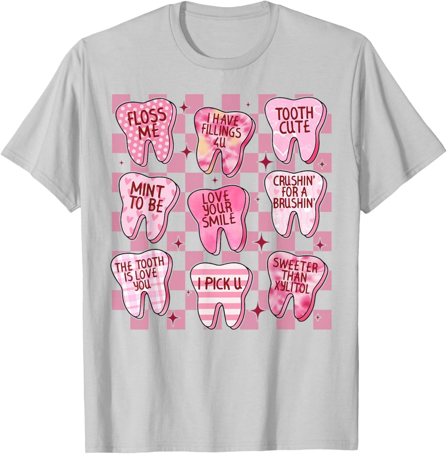 Cute Pink Checkered Dental Tooth Dentist Valentine's Day T-Shirt - T-Shirt | Ash