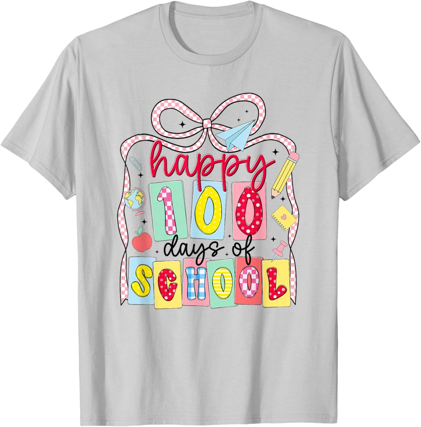 Happy 100 Days of School Coquette Bow Teacher Girl 100th Day T-Shirt - T-Shirt | Ash