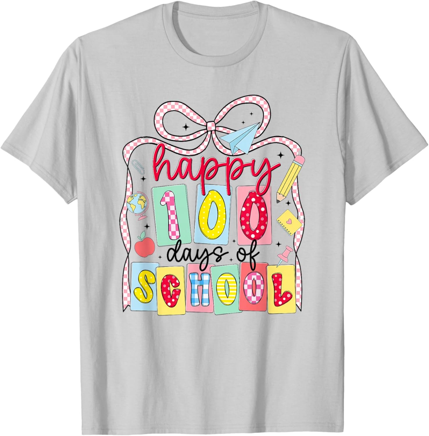 Happy 100 Days of School Coquette Bow Teacher Girl 100th Day T-Shirt - T-Shirt | Ash