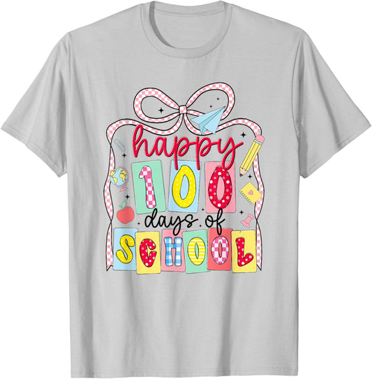 Happy 100 Days of School Coquette Bow Teacher Girl 100th Day T-Shirt - T-Shirt | Ash