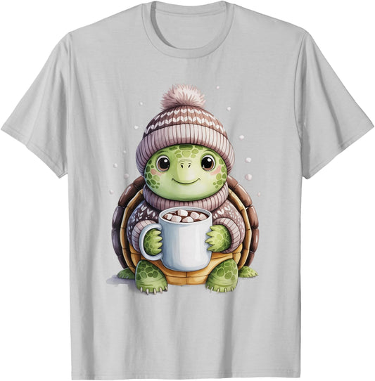 Cozy Turtle with Hot Cocoa Winter Holiday Sweater Design T-Shirt - T-Shirt | Ash