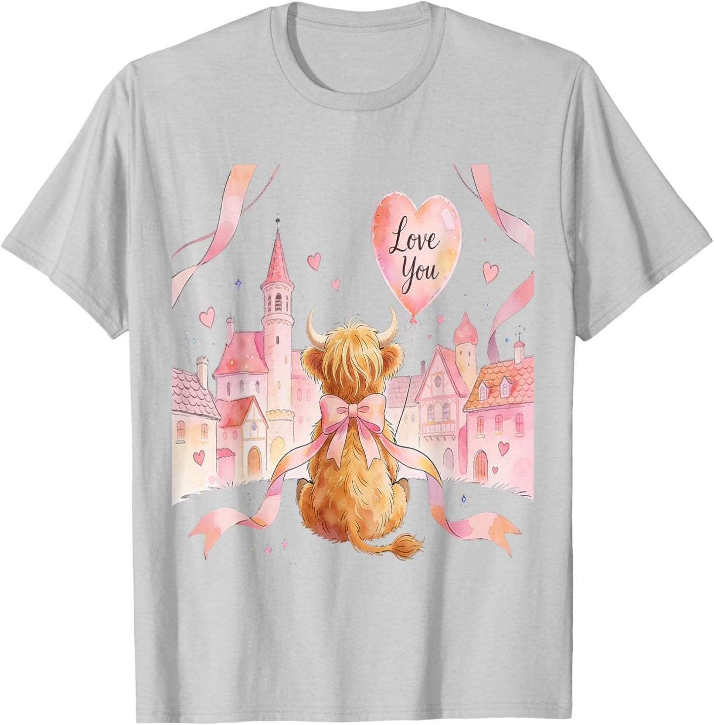 Coquette Bow Country Highland Cow Valentine Farmer Hearts T-Shirt - T-Shirt | Ash
