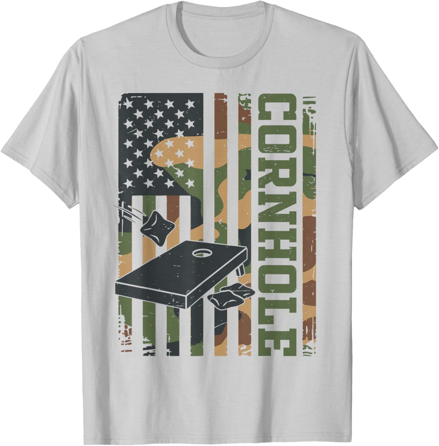 Daddy Cornhole Dad Team Camo American Flag Corn Hole Funny T-Shirt - T-Shirt | Ash