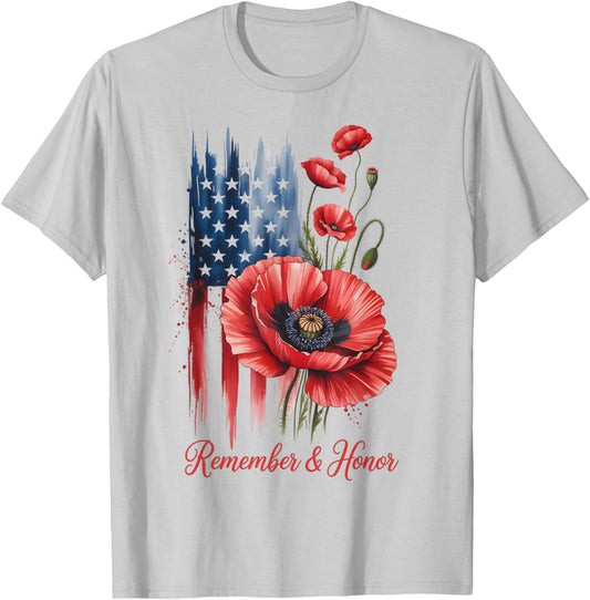 Retro Remember and Honor Memorial Day Red Poppy Flowers T-Shirt - T-Shirt | Ash