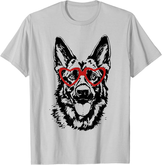 Valentine's Day German Shepherd with Heart Glasses Love Art T-Shirt - T-Shirt | Ash