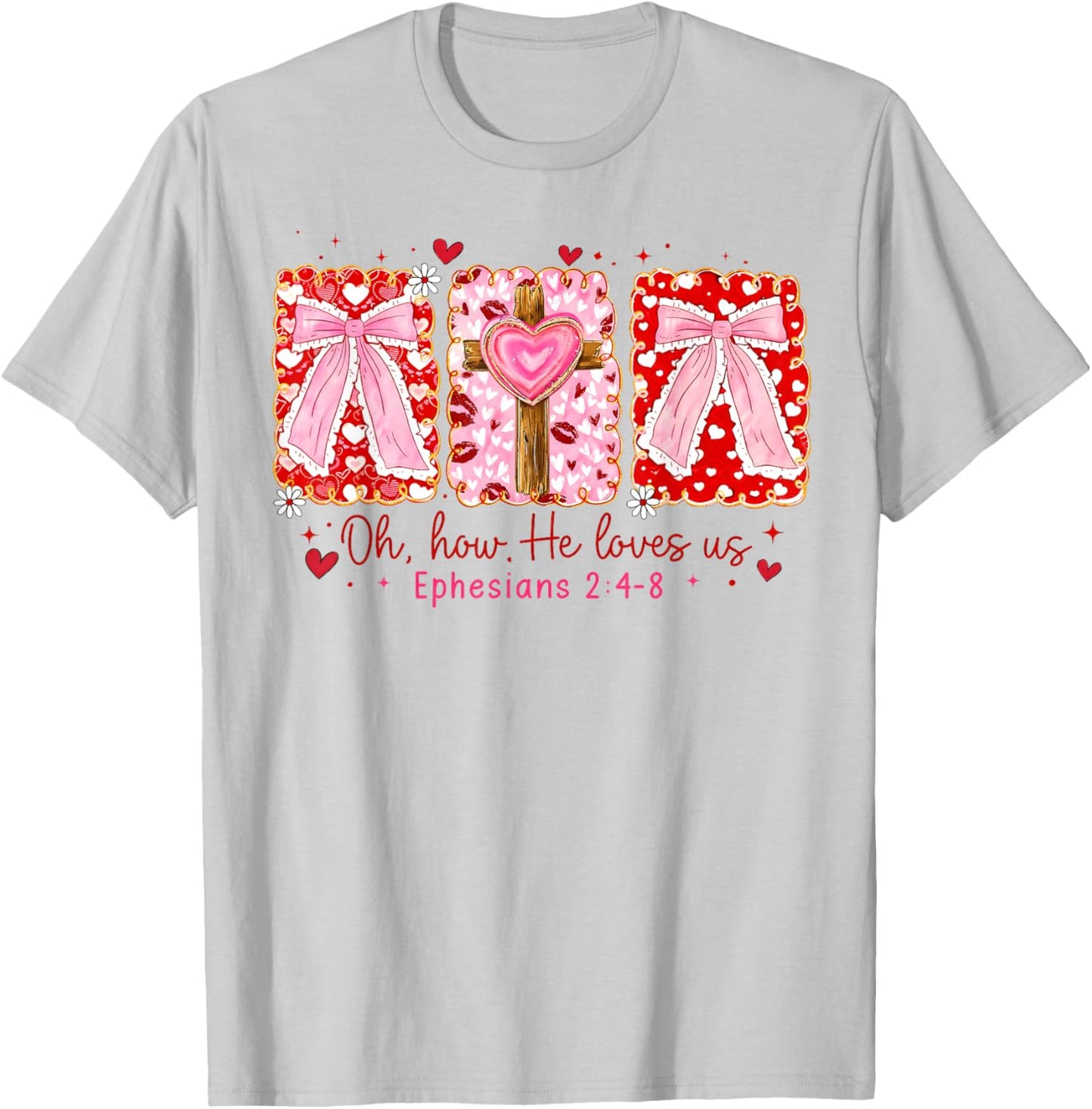 Preppy Christian Valentine Oh How He Loves Us Coquette Bow T-Shirt - T-Shirt | Ash