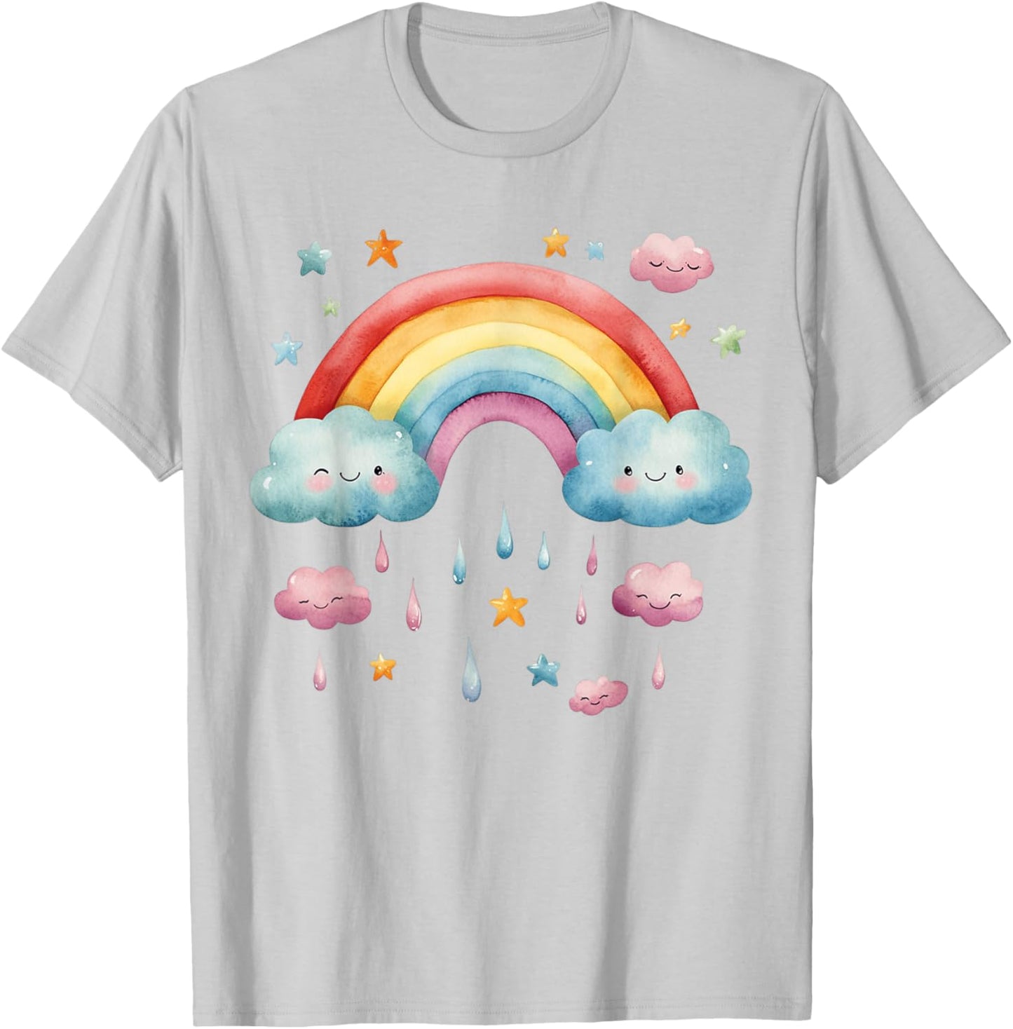 Rainbow with Cute Cloud and Rain T-Shirt - T-Shirt | Ash