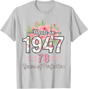 Made in 1947 Floral 78th Birthday Gifts Women 78 Years Old T-Shirt - T-Shirt | Ash