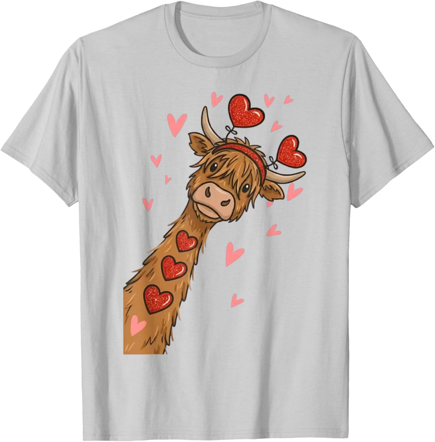 Valentine Highland Cow Hearts Cute Love Farm Animal Art T-Shirt - T-Shirt | Ash