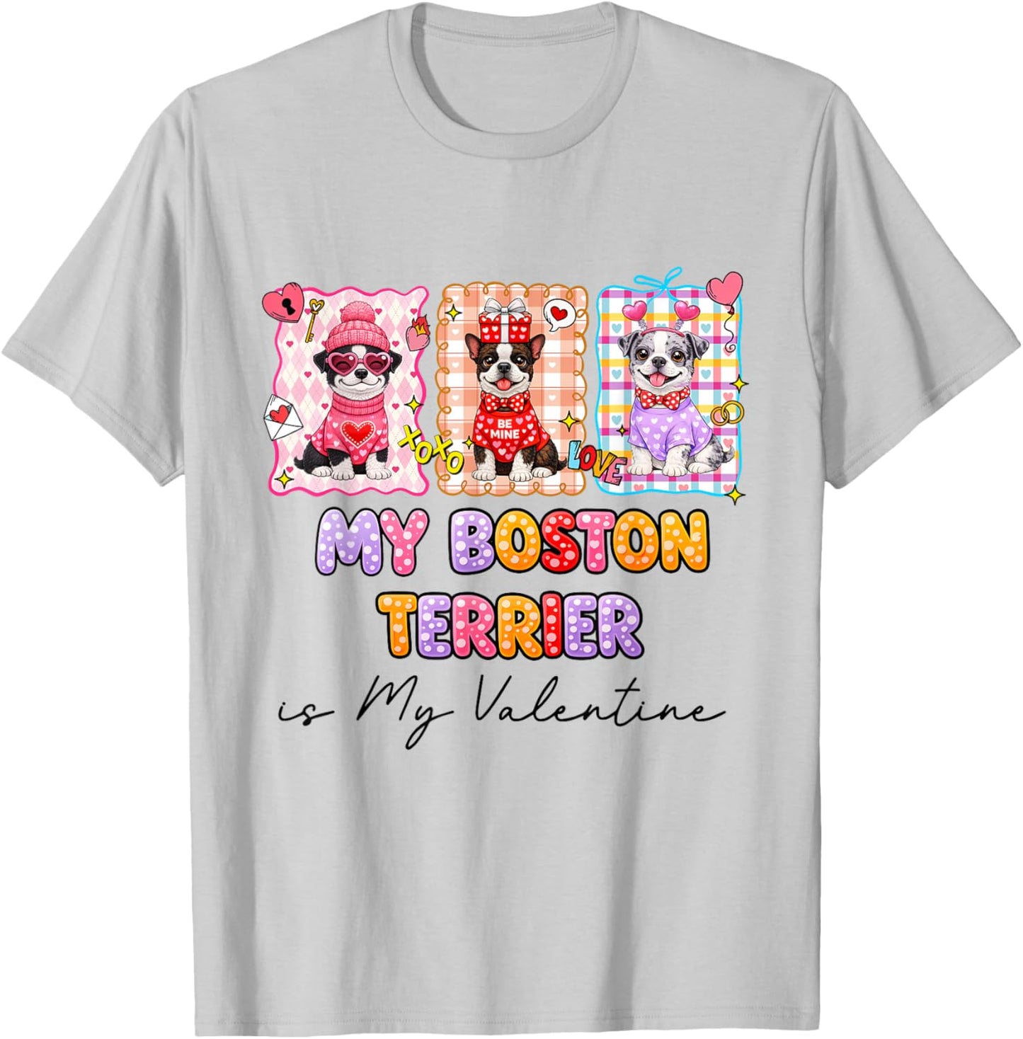 Boston Terrier is My Valentine Heart Retro Dog Love Cute T-Shirt - T-Shirt | Ash
