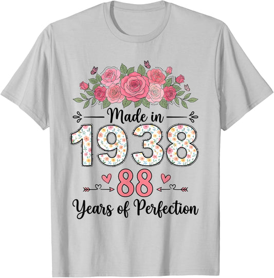 Made in 1938 Floral 88th Birthday Gifts Women 88 Years Old T-Shirt - T-Shirt | Ash
