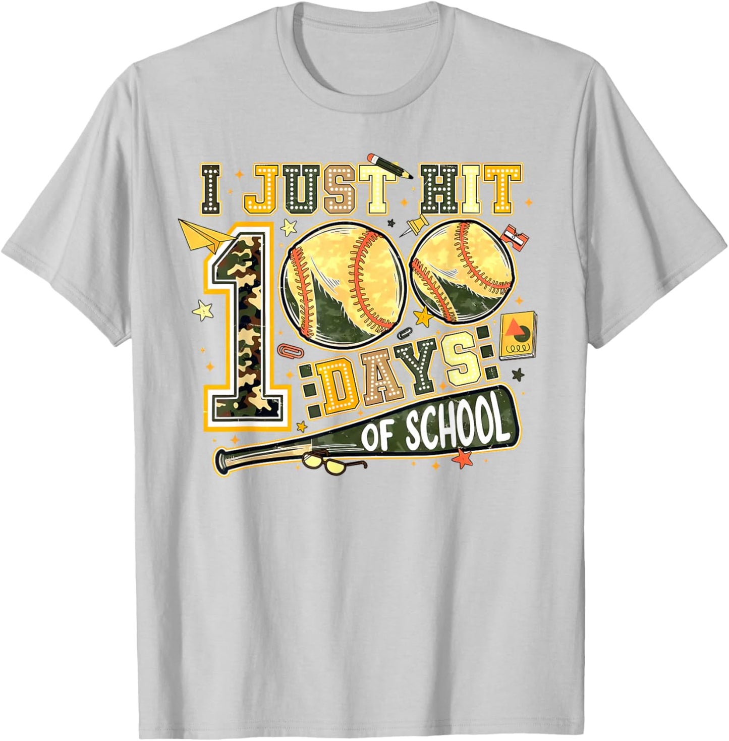 Happy 100 Days of School Baseball Camo 100th Day of School T-Shirt - T-Shirt | Ash
