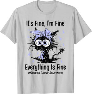 Positivity Stomach Cancer Awareness Cat Ribbon Periwinkle T-Shirt - T-Shirt | Ash