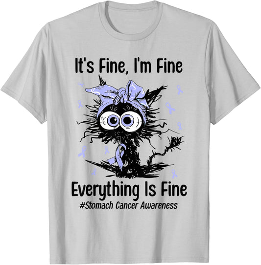 Positivity Stomach Cancer Awareness Cat Ribbon Periwinkle T-Shirt - T-Shirt | Ash