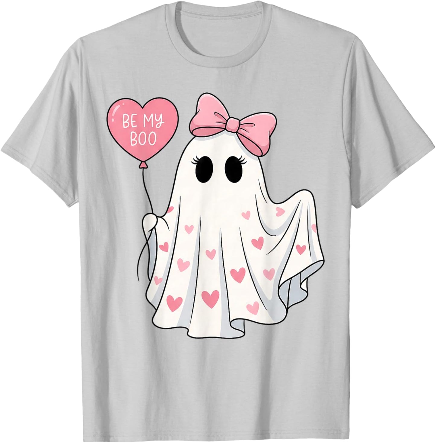 Be My Boo Cute Ghost Pink Bow and Hearts Valenween T-Shirt - T-Shirt | Ash