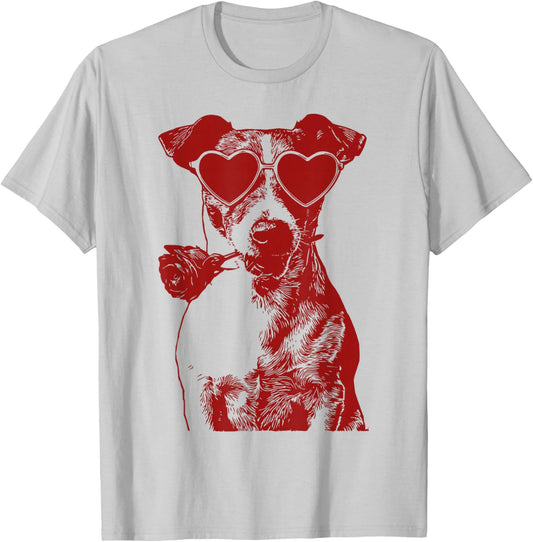 Valentine Jack Russell with Heart Sunglasses Romantic Dog T-Shirt - T-Shirt | Ash