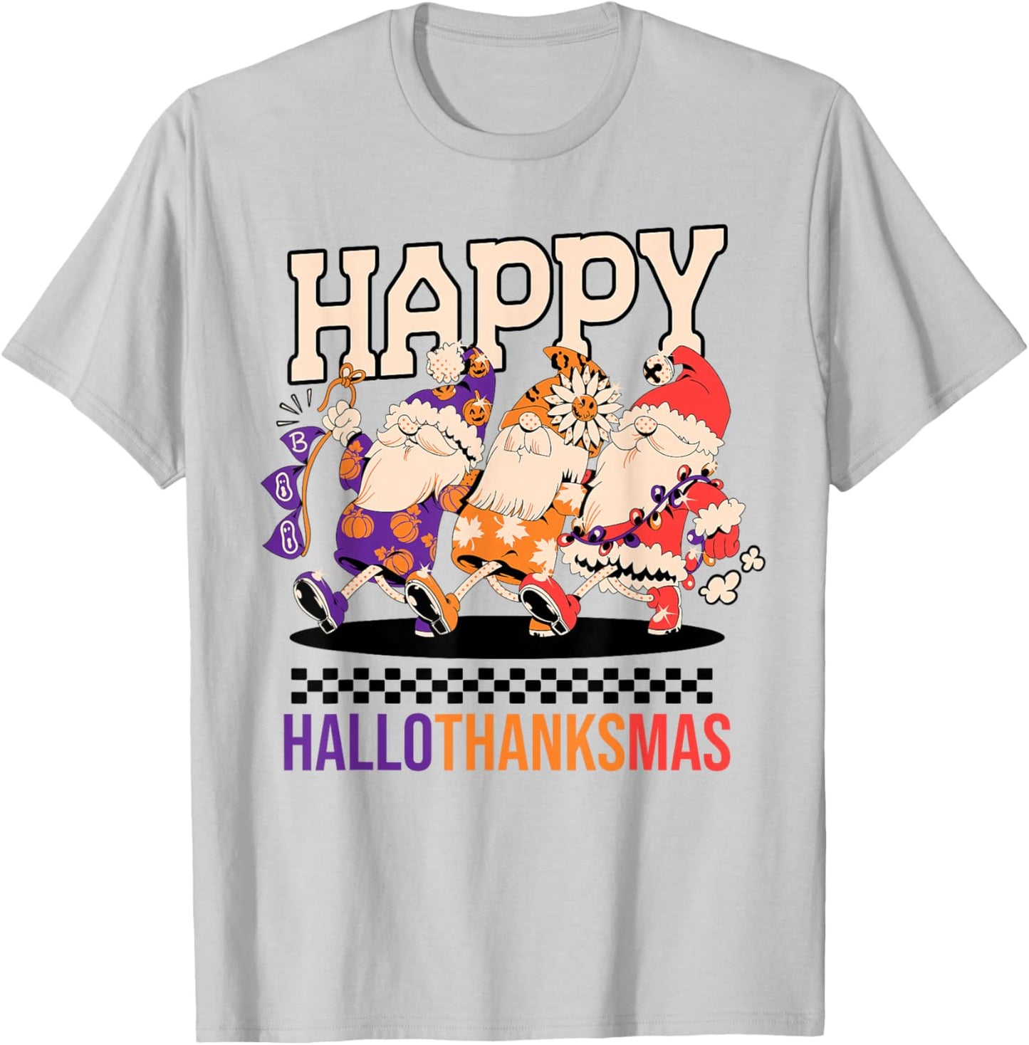 Happy HalloThanksMas Holiday Gnomes Design T-Shirt - T-Shirt | Ash