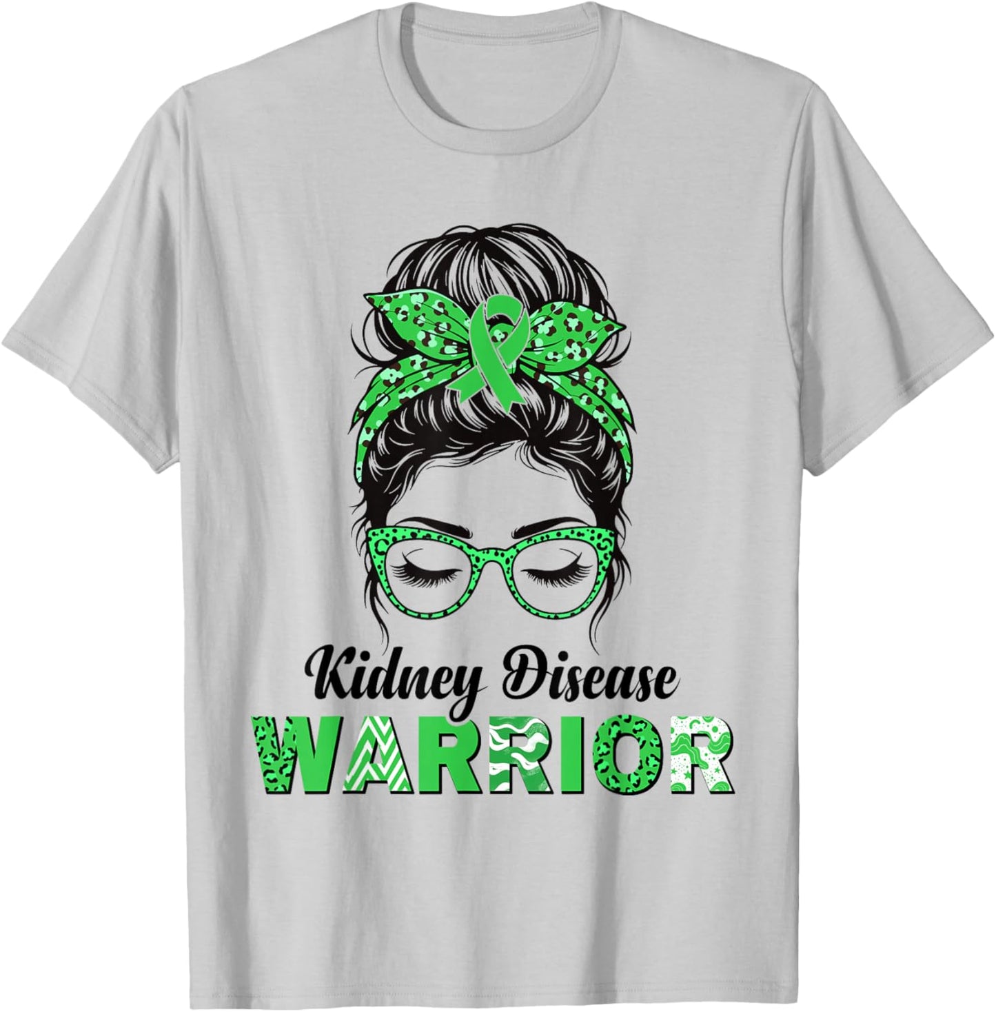 Kidney Disease Warrior Green Ribbon Messy bun Women T-Shirt - T-Shirt | Ash