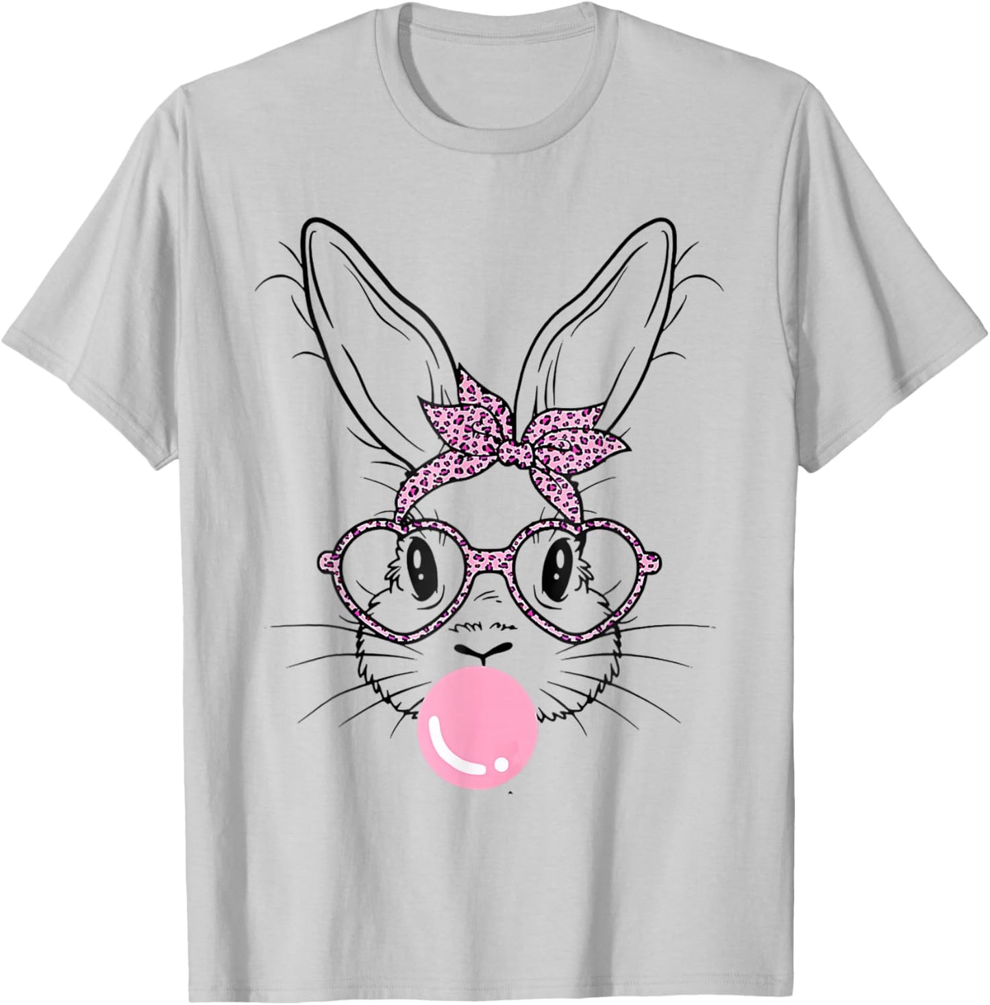 Bunny Face Leopard Glasses Bubble Gum Easter Day Girls Kids T-Shirt - T-Shirt | Ash