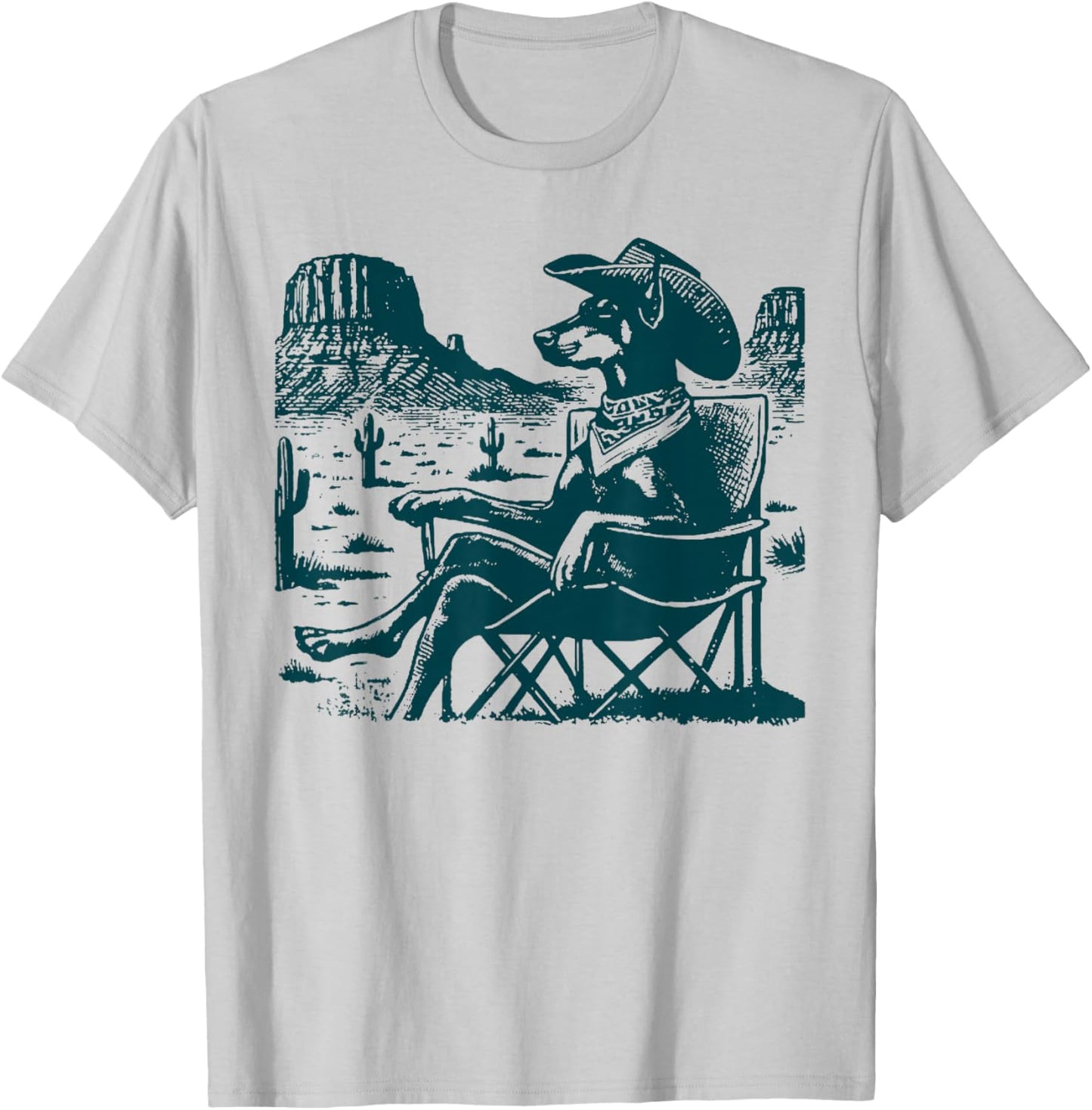 Vintage Doberman UFO Western Cowboy Funny Dog Relaxing Meme T-Shirt - T-Shirt | Ash