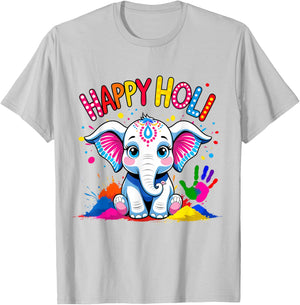Happy Holi Kids Boys Toddler Girl India Hindu Color Elephant T-Shirt - T-Shirt | Ash