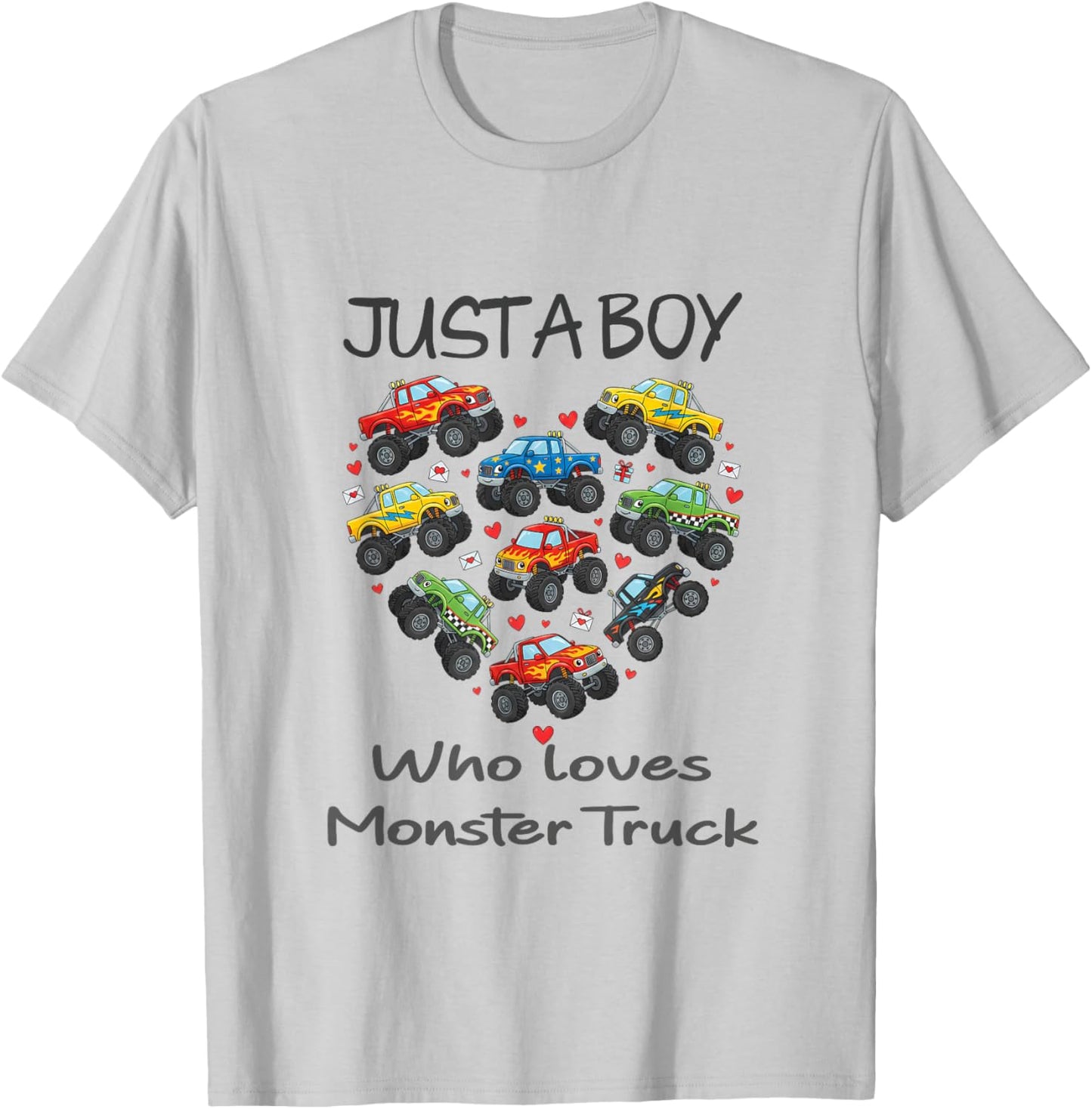 Valentines Day Boys Kids Toddler Monster Truck Hearts T-Shirt - T-Shirt | Ash