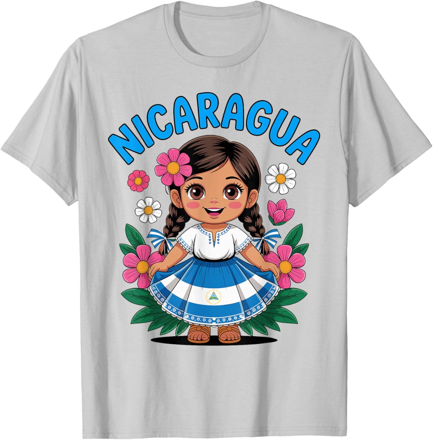 Cute Nicaragua Girl Traditional Dress with Flag Art for Kids T-Shirt - T-Shirt | Ash
